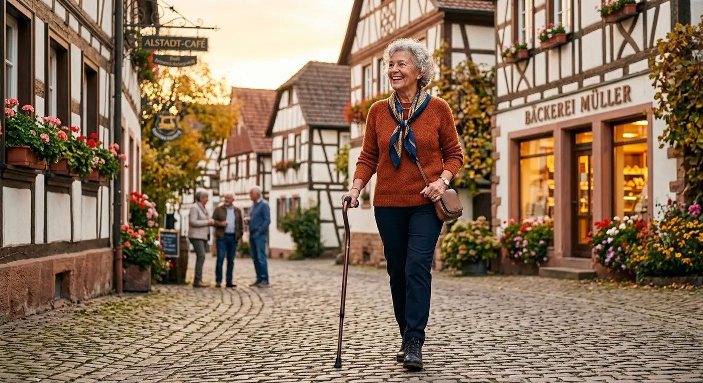 Seniorin genießt Spaziergang mit Tragwell